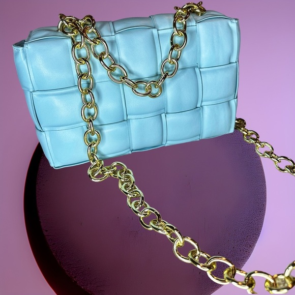 NEW Luxe Sky Blue Woven Vegan Leather Goldtone Chain Top Handle / Shoulder Bag - Picture 7 of 16